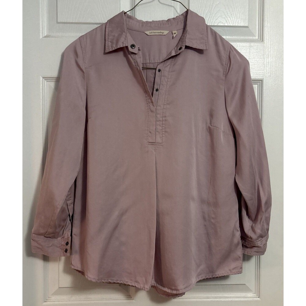 Soft Surroundings Pastel Tencel Tunic Roll Tab Sleeve Zip Snap Up, Sz Med Petite